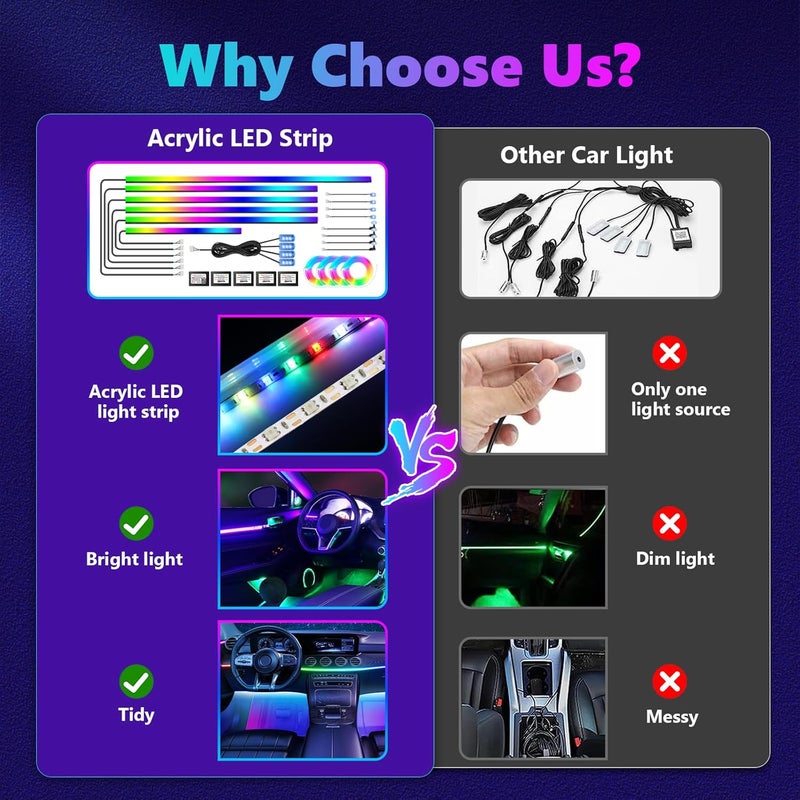 Amki Acrylic Interior Car Light, Car LED Strip Light with APP Sub Control, Car Accessories Fiber Optic Car Ambient Light Kit with RGB Dreamcolor 22 in 1 and 175 inches 593 LEDs 213 DIY and Music Modes - Image 3